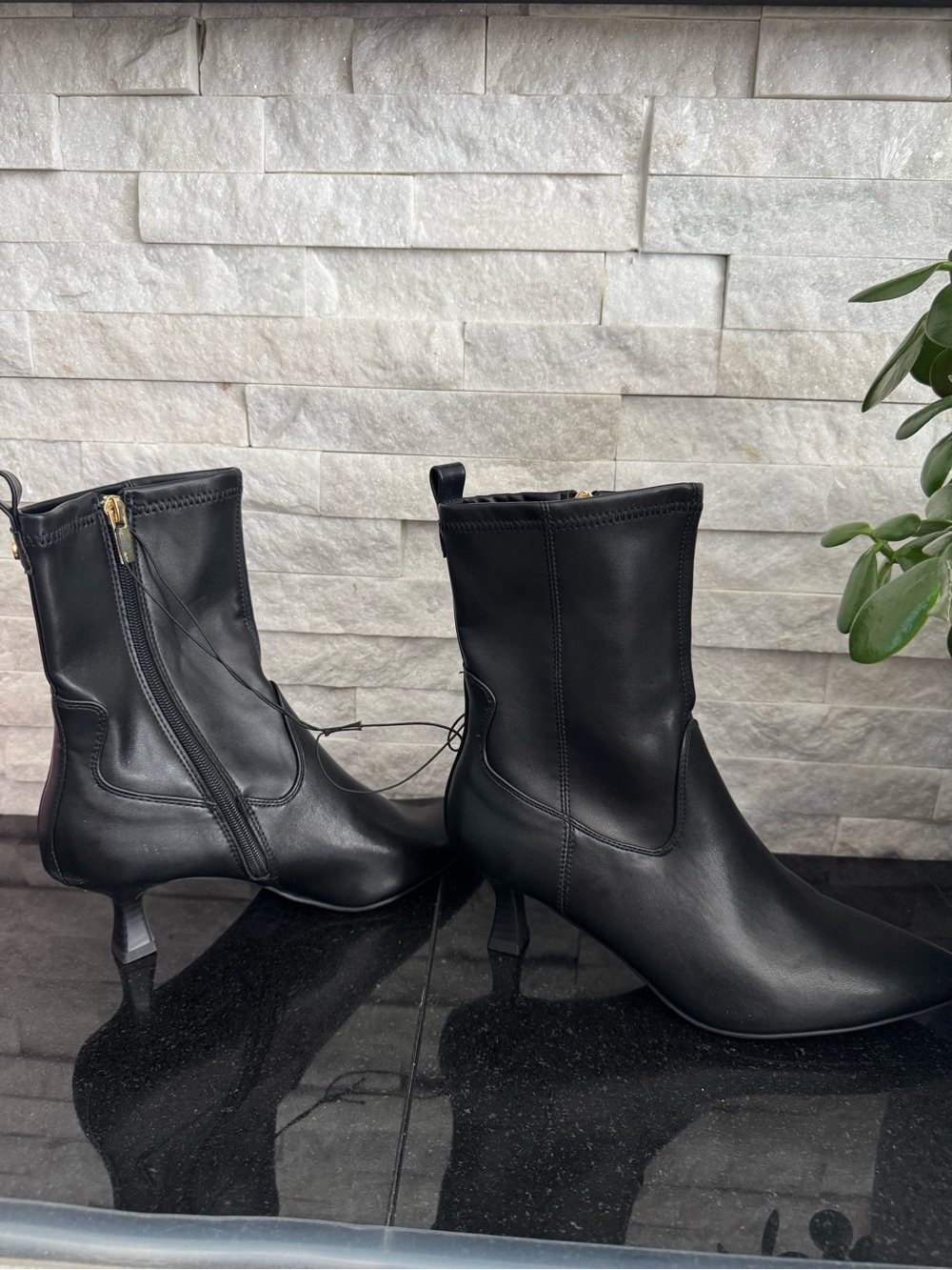 Jones New York Black Leather Mid-Calf Ankle Boots with Kitten Heel